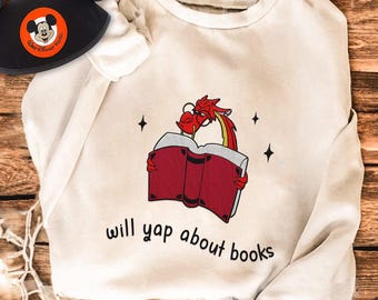 Embroidered Mushu Mulan Book Lover Sweatshirt, Mushu Will Yap About Book Sweater, Disney Sidekick Bookish Gifts, Funny Mushu Reading Tee