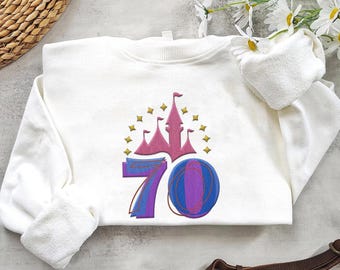 Embroidered 70Th Anniversary Disneyland Resort 1955 Sweatshirt, Disney Castle Platinum Celebration Embroidery Sweater, Magic Kingdom