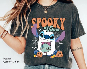Stitch Boo Ghost with Scrump Spooky Vibes Comfort Colors T-shirt, Lilo And Stitch Halloween T-shirt, Disney Halloween Party, Spooky Season