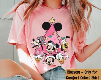 Mickey Friends Pink Christmas Tree Comfort Colors Shirt, Vintage Disney Christmas T-shirt, Mickey Merry Party, Disneyland Holiday Trip Gift