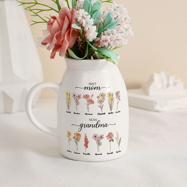 Personalized First Mom Now Grandma Flower Vase, Custom Grandma's Garden Flower Vase, Custom Grandkid Name Flower Vase, Mothers Day Gift