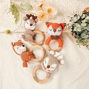 Personalized Name Baby Rattle, Animal Crochet Rattle, Baby Keepsake Gifts, New Baby Announcements, Baby Shower Gifts, Baby Toy, Wooden Toys