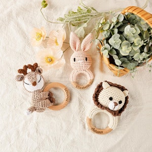 Rabbit Baby Rattle, Wooden Rattle, Personalized Name Baby Rattle, Newborn Baby Shower Gift, Birthday Gift, Crochet Toy Rattle for Baby