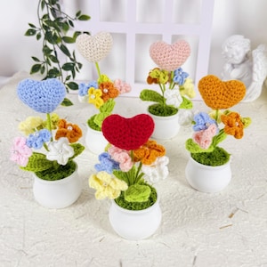 Heart Flower Crochet, Floral Elegance Pot Crochet, Handmade Crochet Flower Pot Plant, Crochet Flower Plant, Spring Decoration, Crochet Gift