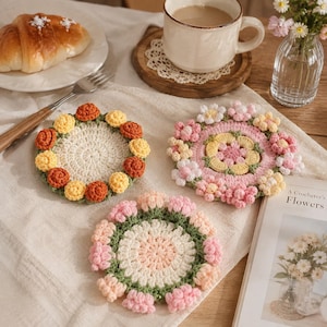 2-in-1 Crochet Flower Coaster Set, Handmade Floral Drink Coasters, Foldable Flower Pot Decor, Housewarming Gift, Cottagecore Home Decor