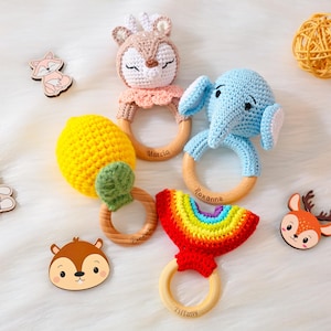 Personalized Crochet Rattle, Engraved Wooden Rattle Ring with Baby Name, Custom Baby Shower GiftNewborn Gift, Gift for Nephew Niece