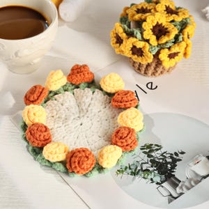 Handmade Crochet Flower Coaster With Basket, Crochet Flower Coaster, Crochet Flower Bouquet,  Crochet Coaster, Gift for Her, Halloween Gift
