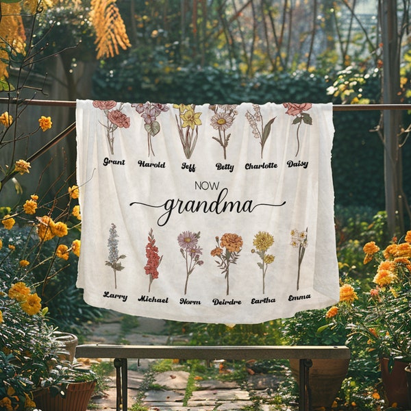 First Mom, Now Grandma Custom Blanket  | Birth Flower Blanket | Personalized Grandmas Garden Blanket | Mothers Day Gift | Gifts for Mom