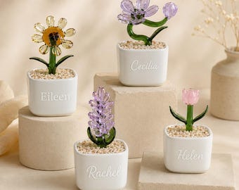 Personalized Glass Flower Pot, Custom Name Mini Glass Plant, Handmade Floral Desk Decor, Teacher Appreciation Gift, Birthday Gift
