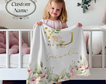 Personalized Baby Blanket With Watercolor Flowers, Custom Name Baby Blanket , Baby Milestone Blanket, Nursery Decor Gift, Baby Gift