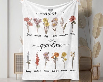 Prima mamma, ora nonna Coperta personalizzata / Coperta con fiori di nascita / Coperta da giardino personalizzata della nonna / Regalo per la festa della mamma / Regali per la mamma