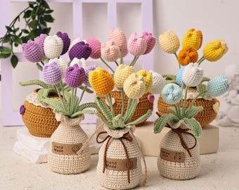 Tulipani fatti a mano all'uncinetto in vaso, fiori all'uncinetto, decorazioni floreali sempre in fiore, regalo di inaugurazione della casa, decorazione per la scrivania, regali per insegnanti
