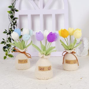 Tulipas de crochê feitas à mão em vaso, flores de crochê, buquê de flores de crochê, decoração floral eternamente florida, decoração de mesa, presentes para professoras e professores