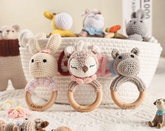 Personalized Crochet Baby Rattle Toy for Girls and Boys, Animal Crochet Baby Rattle, Baby Shower Gift, Baby Rattle Grasping Toy,Newborn Gift