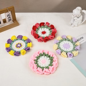Crochet Flower Coaster, Handmade Round Flower Cup Holder, Crochet Coaster, Housewarming Coaster Decor, Cute Gift, Mother's Day Gift