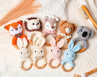 Personalized Crochet Baby Rattle Toy, Animal Crochet Baby Rattle, Baby Shower Gift, Baby Rattle Grasping Toy, Newborn Gift, Baby Gift