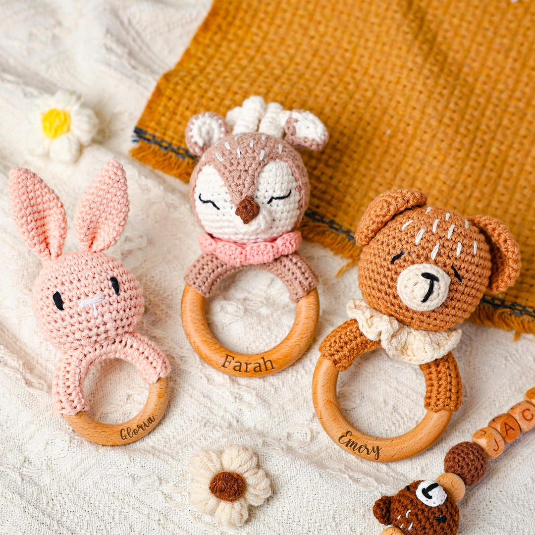 Personalized Crochet Animal Rattle, Custom Baby Rattle, Engraved Rattle ...