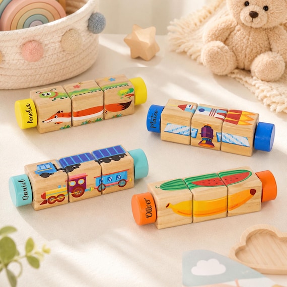 Rotating cube puzzle blocks that spell a custom name AND flip through animals, vehicles, and fruits — genuinely clever Montessori toy you don't see everywhere.
