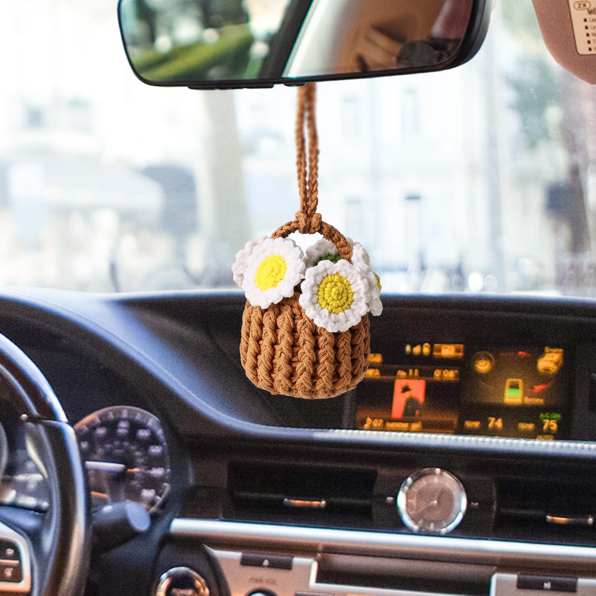 かぎ針編みの車吊り下げかわいい鏡付き花車かぎ針編みの車の装飾花植物