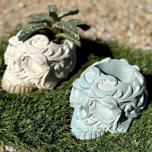 Blue Concrete Skull Pot: Gothic Home Decor Planter