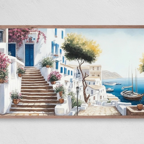 Samsung Frame TV Art, Stairway in Santorini Greece Oil Painting, Samsung Art TV, Digital Download for Samsung Frame, Digital Download