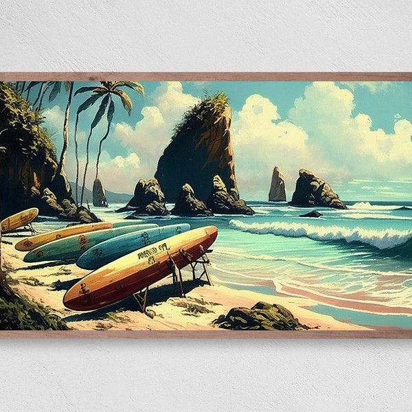 Samsung Frame TV Art, Surfboards on a Hawaiian Beach Oil Painting, Samsung Art TV, Digital Download for Samsung Frame, Digital Download