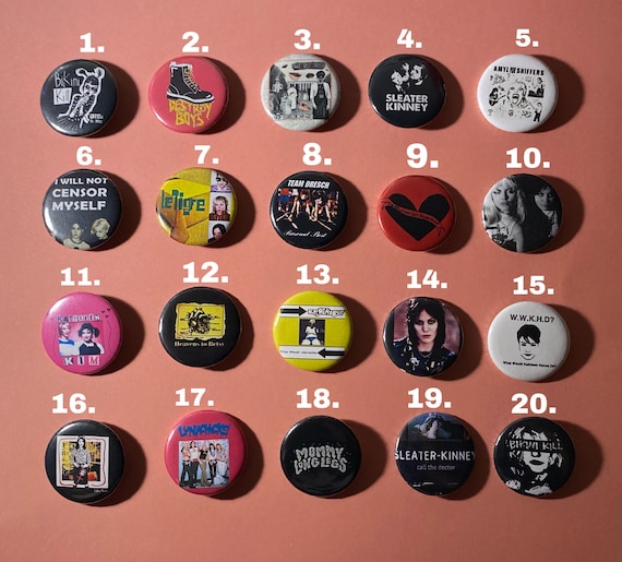 Riot grrrl pins, bikini kill, bratmobile, destroy boys