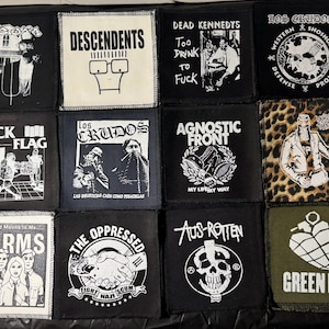 Punk, grunge, horror, riot grrrl patches, black flag, crudos