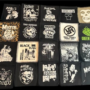 Punk, grunge, horror, riot grrrl patches, black flag, minor threat, misfits . Screen printed patches
