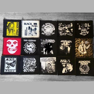 Punk, grunge, horror, riot grrrl patches, black flag, minor threat