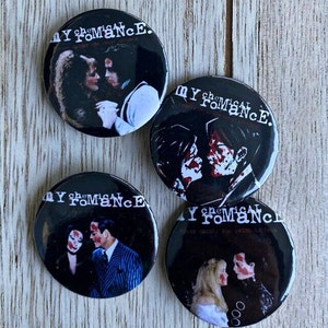 May include: Four black and white button pins with the band name "My Chemical Romance" printed in white. Each pin features a different image of a couple.