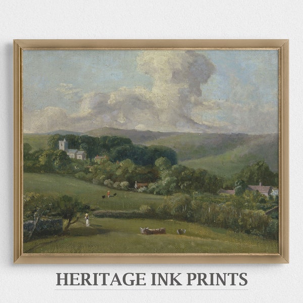Vintage Country Landscape Art Print | Digital Printable | Rustic European Village Cows Oil Painting | Farmhouse Cottage Décor | Living Room