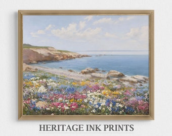 Pintura al óleo de acantilados costeros irlandeses / Paisaje marino con flores silvestres, arte vintage (descarga digital)