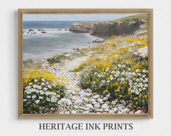 Pintura de paisaje marino con acantilados costeros / Vista rústica del océano irlandés (impresión digital)