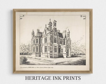 May include: Black and white architectural drawing of a large Victorian house with a gabled roof, multiple chimneys, and a porch. The drawing is framed in a gold frame and has the text "The residence of H.B. Smith, Esq., Newton Centre, Mass., by J.B. Manning, July 1, 1892." at the bottom.