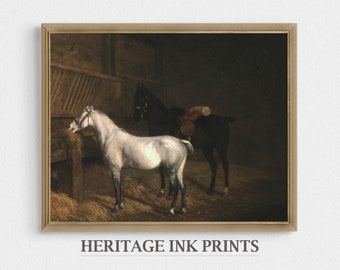 May include: A painting of two horses in a stable. The horse on the left is white and the horse on the right is black. Both horses are facing the viewer. The painting is in a dark, rustic setting.