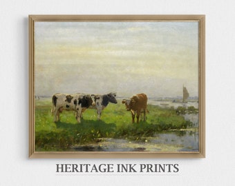 Cows in Field Oil Painting | Farmhouse Cottage Art Print (Digital Download)