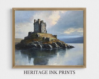 Castle Ruins Oil Painting | Moody Lake Landscape Art (Digital Download)