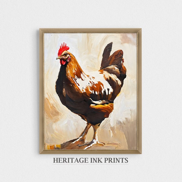 Brown Chicken Oil Painting Vintage Art | Digital Printable | Vintage Animal Farm | Pet Portrait Hen | Farmhouse Rustic Country Wall Décor