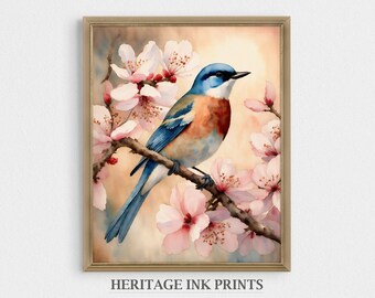 ブルーバード水彩画：春の桜（デジタルダウンロード） - Etsy 日本