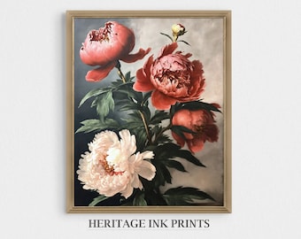 Vintage Moody Peonies Art Print | Botanical Digital Printable | Peony Flower Oil Painting Portrait | Victorian Farmhouse Cottage Wall Décor