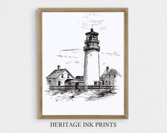 Vintage Lighthouse Ink Sketch Print | Nautical Beach Wall Art (Digital Download)