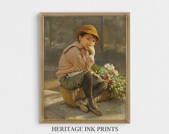 Lámina artística vintage de niño con flores/Decoración de pared para habitación infantil (impresión digital)