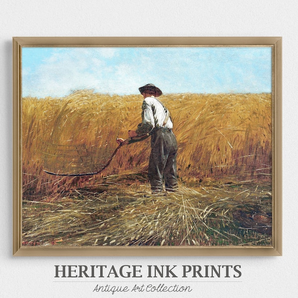 Farmer Man Harvesting Crop in Field during Summer Country Landscape Antique Oil Painting | DIGITAL printable wall art