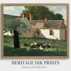 Chicken Country Farmhouse Art | Vintage Landscape Oil Painting | Printable Instant Download Art | Kitchen Wall Décor