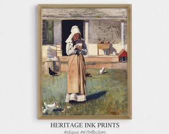 May include: A painting of a woman in a white bonnet and a long brown dress standing in a yard with chickens. The woman is holding a letter in her hands. The painting is set in front of a farmhouse with a porch.