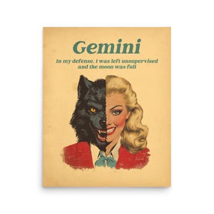 Gemini Horror Zodiac Art Print - Spooky Twin Sign Astrology Poster - Dark Humor Gemini Art - Gothic Zodiac Wall Decor - Halloween Print