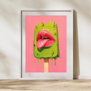 Stacheliger Pop Print - Kaktus Lippen Kunst - Surreale Western Pop Art - Neon Wüste Ästhetisches Poster - Alt Indie Y2K - Cowgirlcore Kaktus Wand Kunst