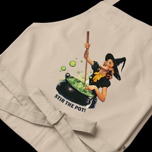 Stir The Pot Witchy Apron - Organic Cotton Funny Halloween Cooking Apron - Spooky Witch Design - Witch Gift for Housewarming Kitchen