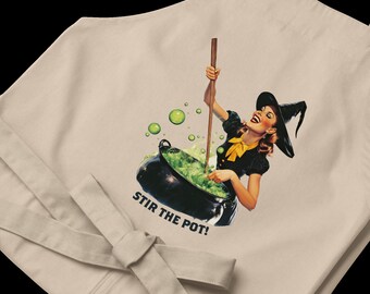 Stir The Pot Witchy Apron - Organic Cotton Funny Halloween Cooking Apron - Spooky Witch Design - Witch Gift for Housewarming Kitchen
